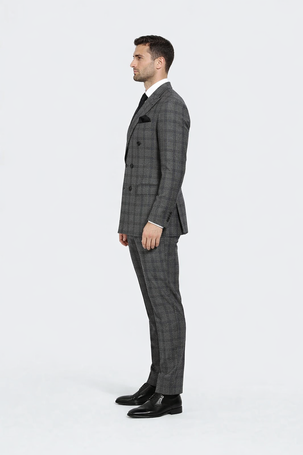 Suits With Baggy Pleated Pants - Wide Leg Pants 100% Wool - Classic Fit in Color Charcoal with Blue Plaid by Rossiman
