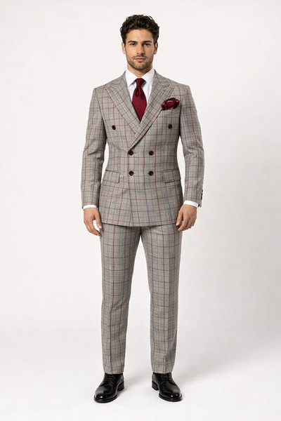 Suits With Baggy Pleated Pants - Wide Leg Pants 100% Wool - Classic Fit in Color Grey with Red Plaid by Rossiman