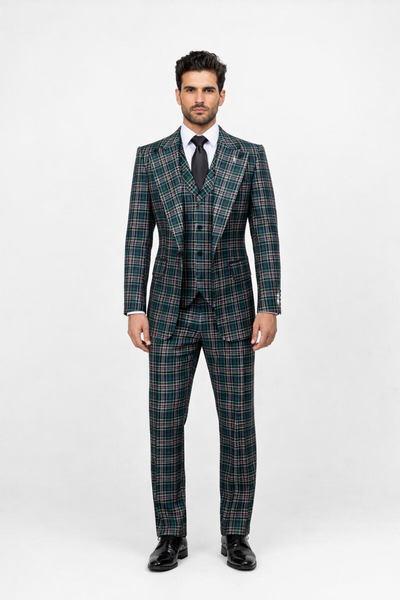 Suits With Baggy Pleated Pants - Wide Leg Pants 100% Wool - Classic Fit in Green Color by Rossiman