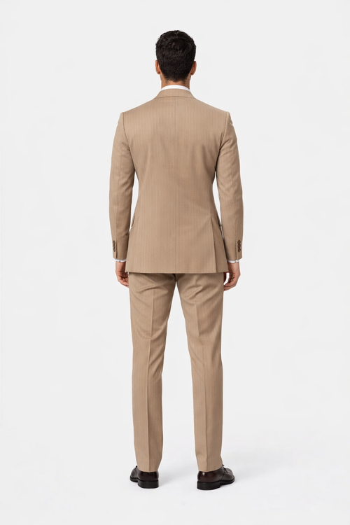Suits With Baggy Pleated Pants - Wide Leg Pants 100% Wool - Classic Fit in Light Brown with Brown Pinstripe Color by Rossiman USA Men's Outlet