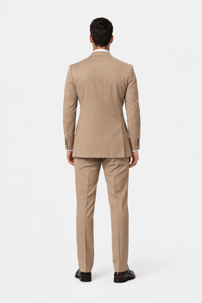 Suits With Baggy Pleated Pants - Wide Leg Pants 100% Wool - Classic Fit in Light Brown with Brown Pinstripe Color by Rossiman USA Men's Outlet