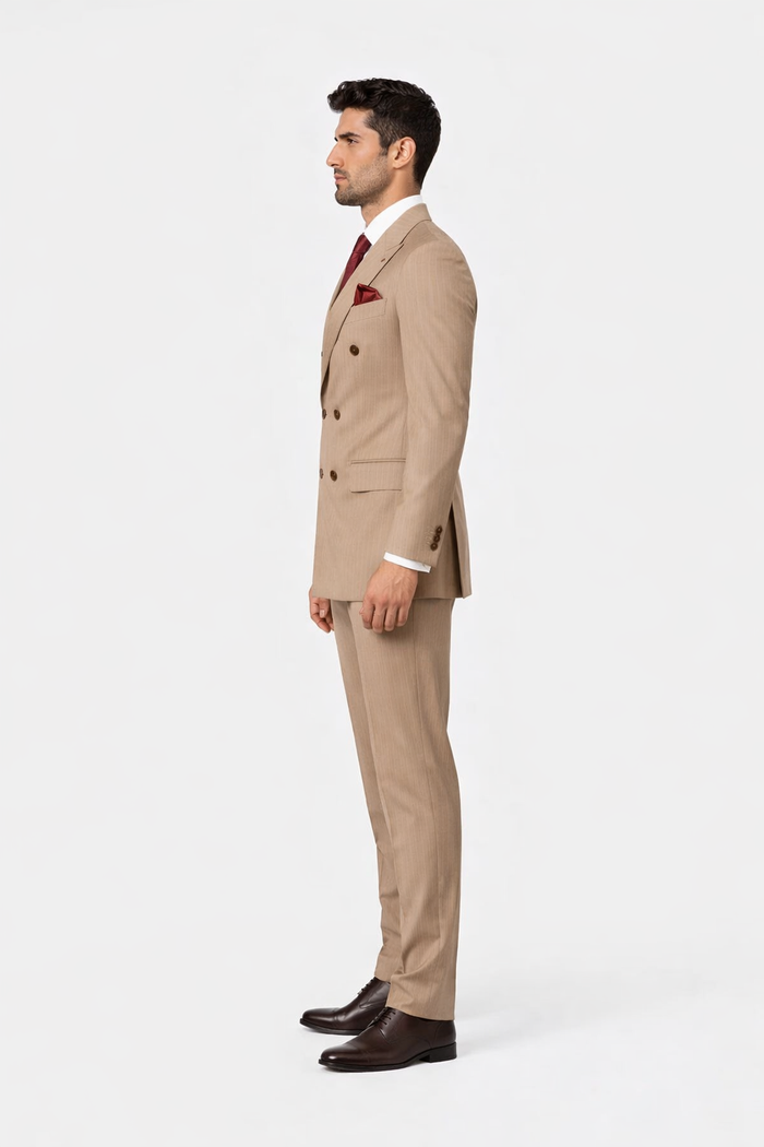 Suits With Baggy Pleated Pants - Wide Leg Pants 100% Wool - Classic Fit in Light Brown with Brown Pinstripe Color by Rossiman USA Men's Outlet