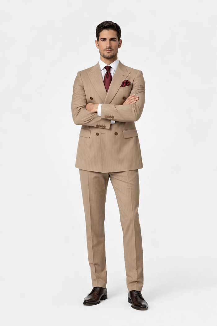 Suits With Baggy Pleated Pants - Wide Leg Pants 100% Wool - Classic Fit in Light Brown with Brown Pinstripe Color by Rossiman USA Men's Outlet