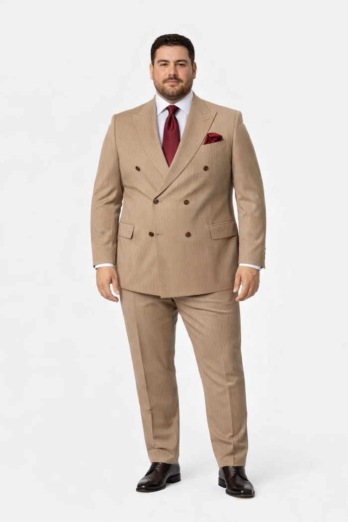 Suits With Baggy Pleated Pants - Wide Leg Pants 100% Wool - Classic Fit in Light Brown with Brown Pinstripe Color by Rossiman USA Men's Outlet