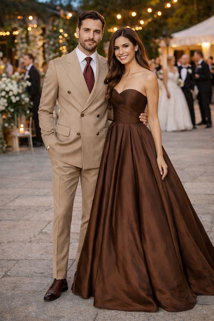 Suits With Baggy Pleated Pants - Wide Leg Pants 100% Wool - Classic Fit in Light Brown with Brown Pinstripe Color by Rossiman USA Men's Outlet