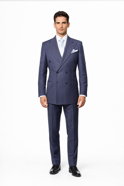 Suits With Baggy Pleated Pants - Wide Leg Pants 100% Wool - Classic Fit in Navy with White Pinstripe Color by Rossiman