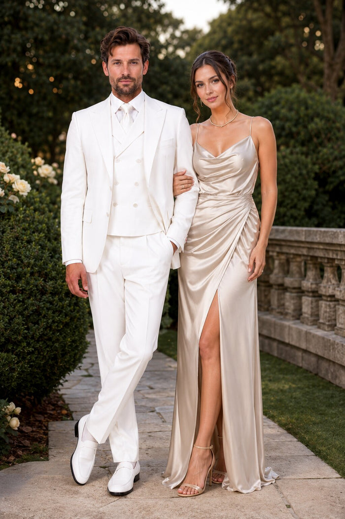 Tiglio Italian Suit - Real Wool Fabric Super 150's San Giovesse off White, Wide Leg Suit & Vest super 150 wool in Color Off White