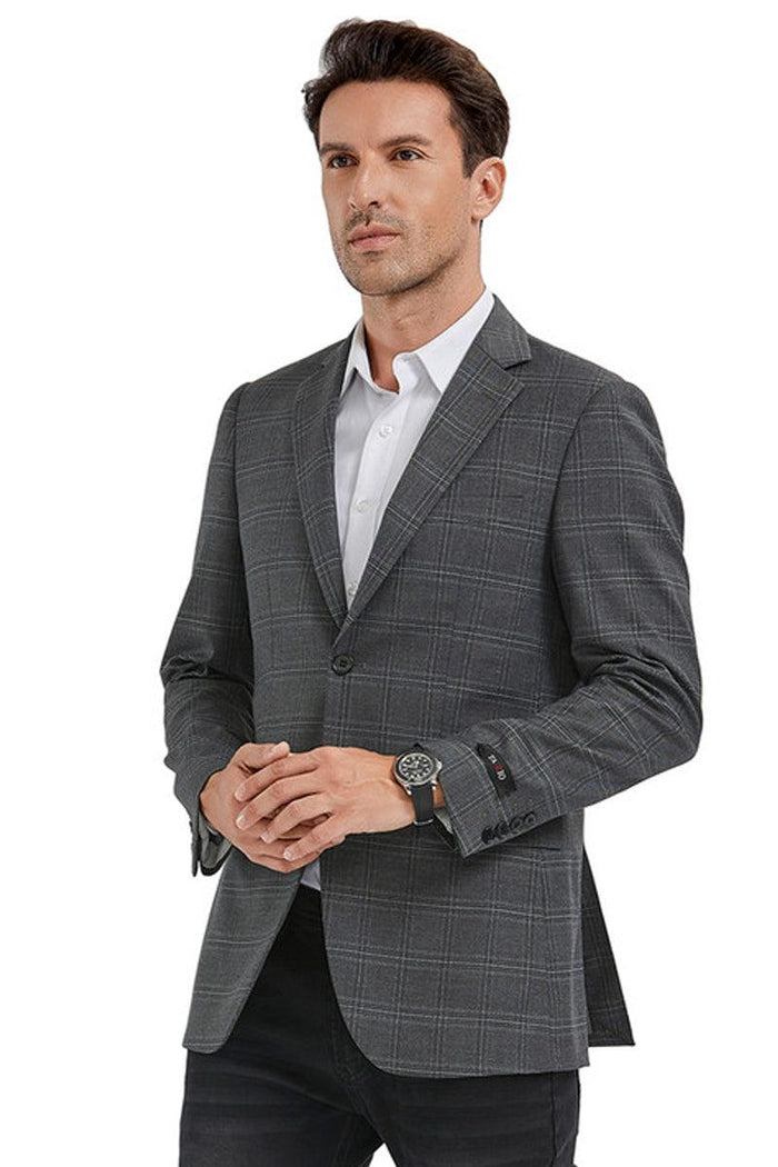 Superfine 

Tazio Superfine Men's Slim-Fit Grey Windowpane Plaid Sport Coat Blazer - Elegant Mensattire