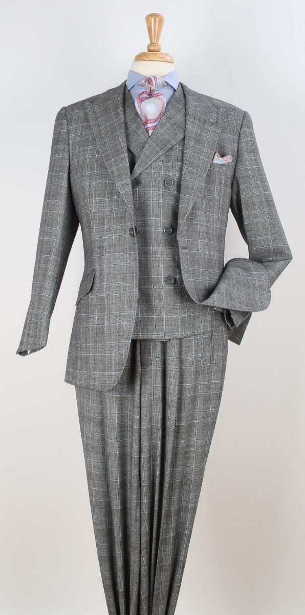 Mens Suit With Pleated Pants - Semi Wide Leg 100% Wool Super 150's Big Peak Lapel Classic Fit Athletic Cut With Double breasted Vest in Grey Windowpane – SuitUSA