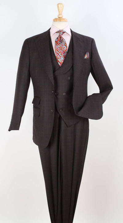Mens Suit With Pleated Pants - Semi Wide Leg 100% Wool Super 150's Big Peak Lapel Classic Fit Athletic Cut With Double breasted Vest in Brown Windowpane