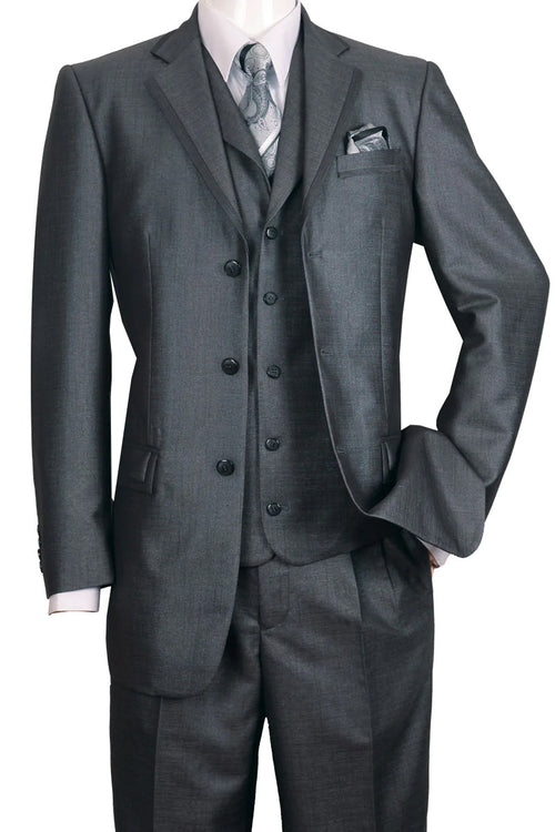 Mens 3 Button Vested Textured Shiny Sharkskin Church Suit in Black by Fortino Landiin