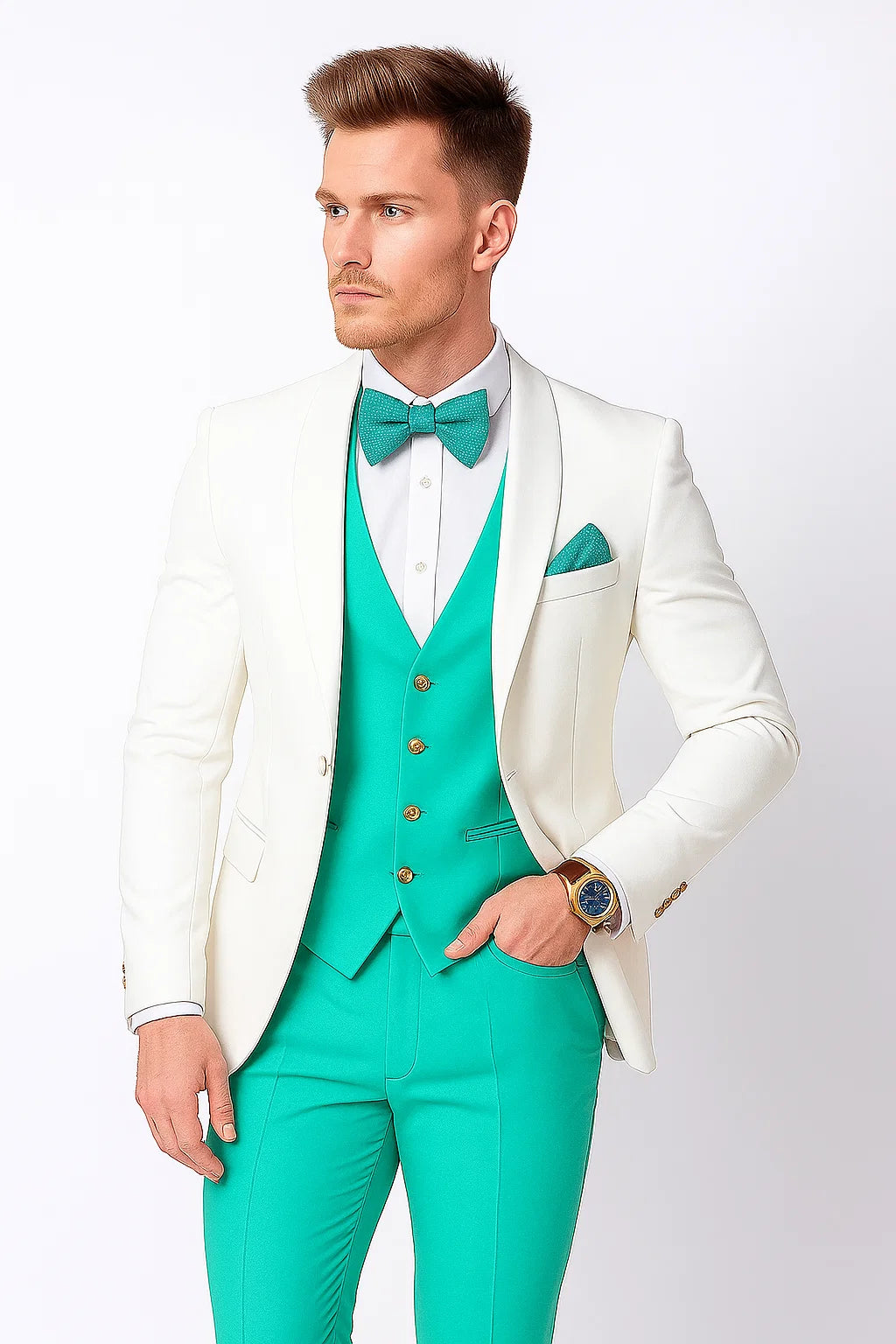 White and Turquoise Tuxedo Wedding Suit - White Dinner Jacket + Vest + Pants + Bow-tie