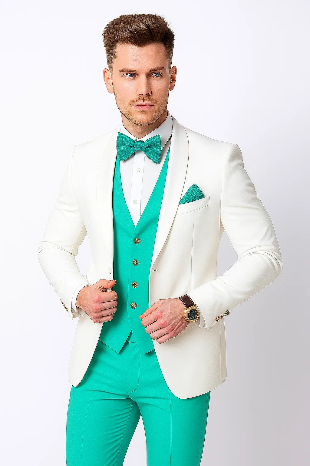 White and Turquoise Tuxedo Wedding Suit - White Dinner Jacket + Vest + Pants + Bow-tie