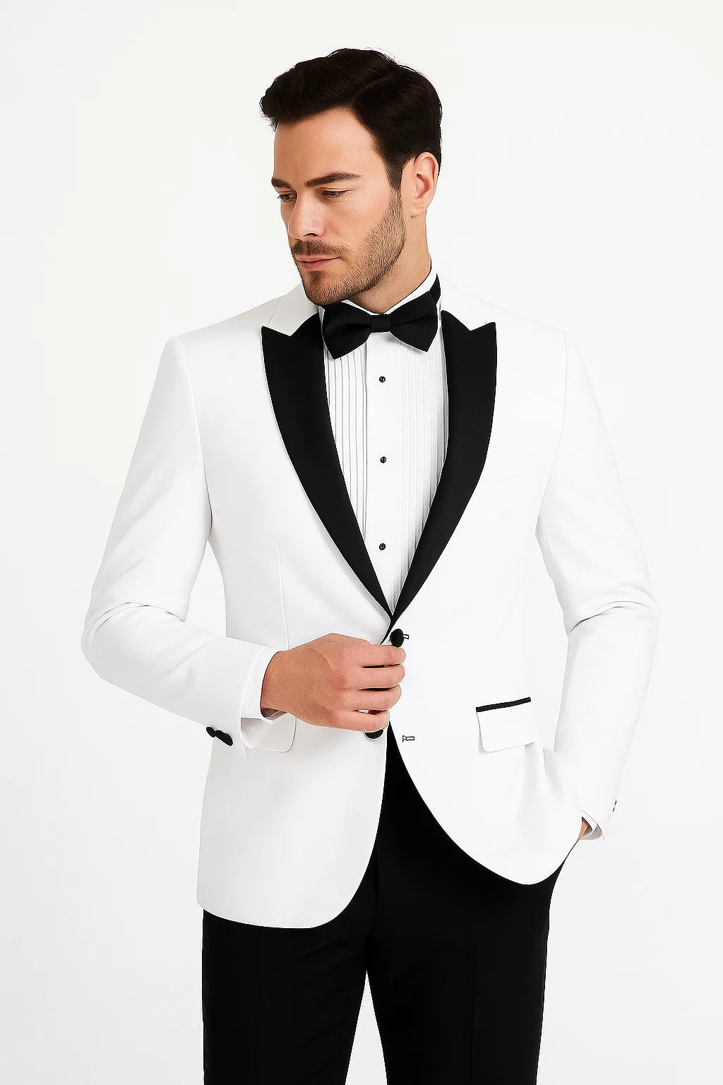 Mens 2 Buttton Slim Contrast Peak Lapel Satin Tuxedo in White