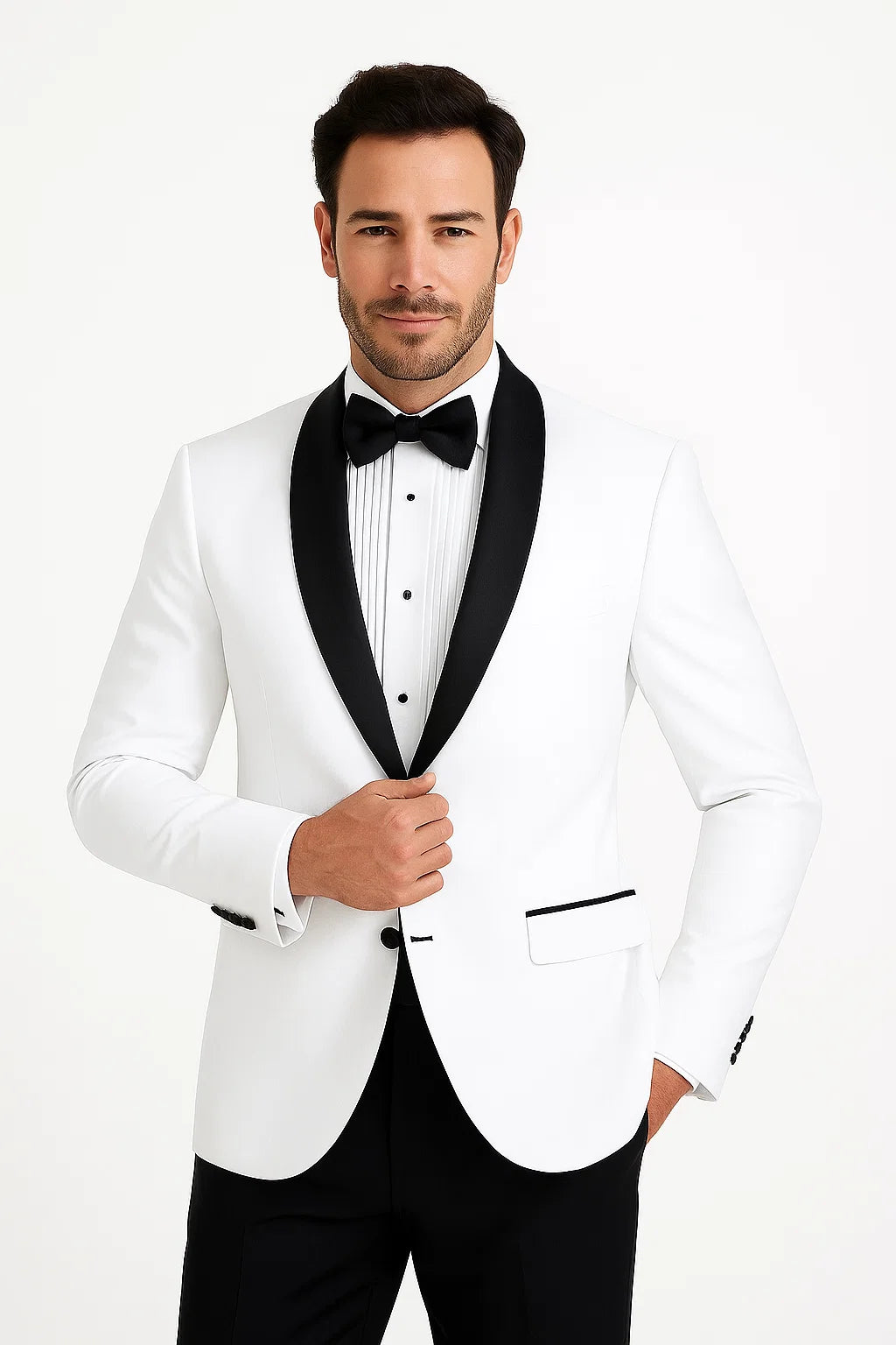 Mens 2 Buttton Slim Contrast Peak Lapel Satin Tuxedo in White