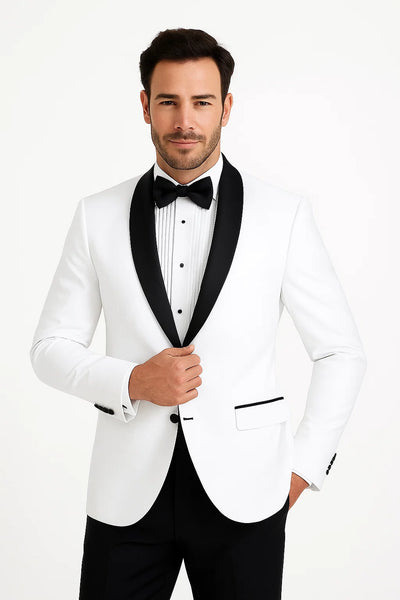 Mens 2 Buttton Slim Contrast Peak Lapel Satin Tuxedo in White