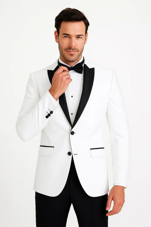 Mens 2 Buttton Slim Contrast Peak Lapel Satin Tuxedo in White