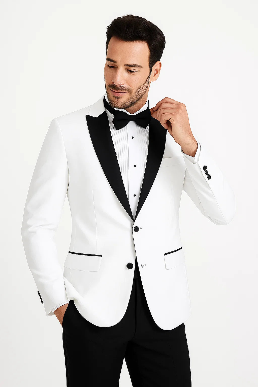 Mens 2 Buttton Slim Contrast Peak Lapel Satin Tuxedo in White
