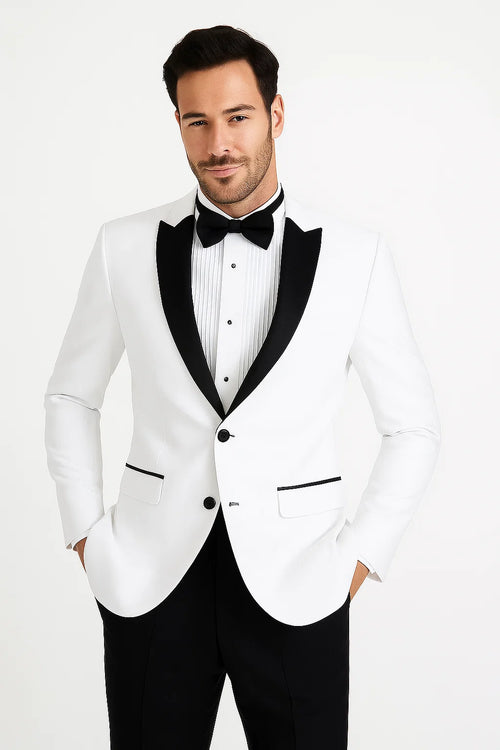 Mens 2 Buttton Slim Contrast Peak Lapel Satin Tuxedo in White