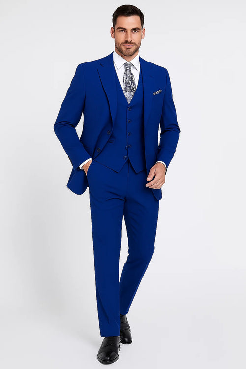 "Royal Elegance for Prom and Wedding: Apollo King Men's 3-Button Vested Suit in Majestic Blue"