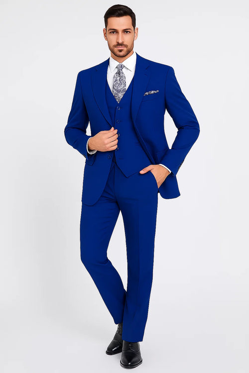 "Royal Elegance for Prom and Wedding: Apollo King Men's 3-Button Vested Suit in Majestic Blue"