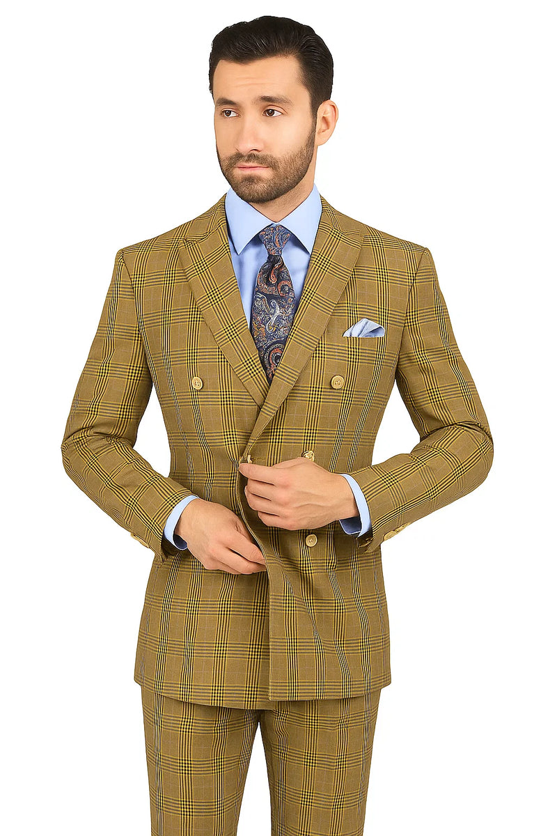 Mens Double Breasted Windowpane Plaid Suit in Mocha Light Brown