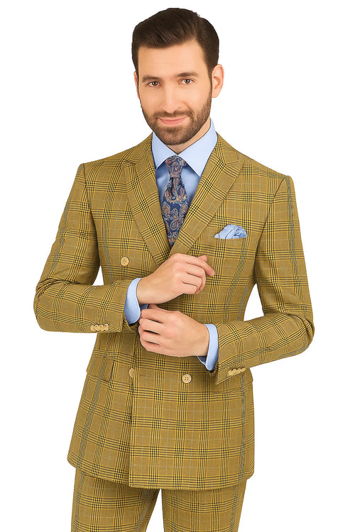 Mens Double Breasted Windowpane Plaid Suit in Mocha Light Brown