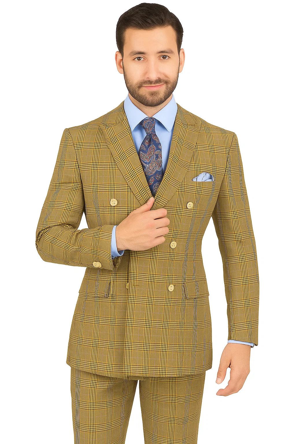 Mens Double Breasted Windowpane Plaid Suit in Mocha Light Brown