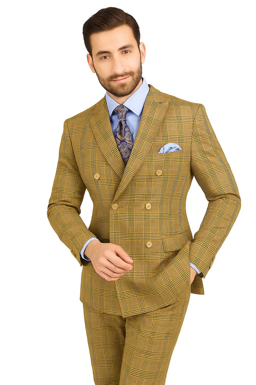 Mens Double Breasted Windowpane Plaid Suit in Mocha Light Brown