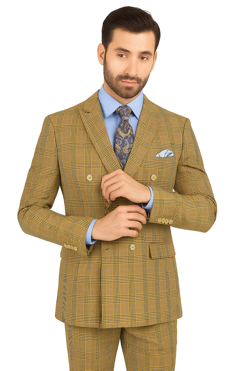 Mens Double Breasted Windowpane Plaid Suit in Mocha Light Brown