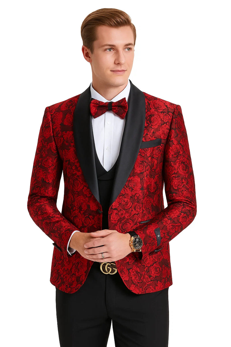 Red/Black  Prom Tuxedo Suit - Red/Black Wedding Suit - Men's One Button Slim Fit Shiny Paisley Floral Vested Prom Tuxedo