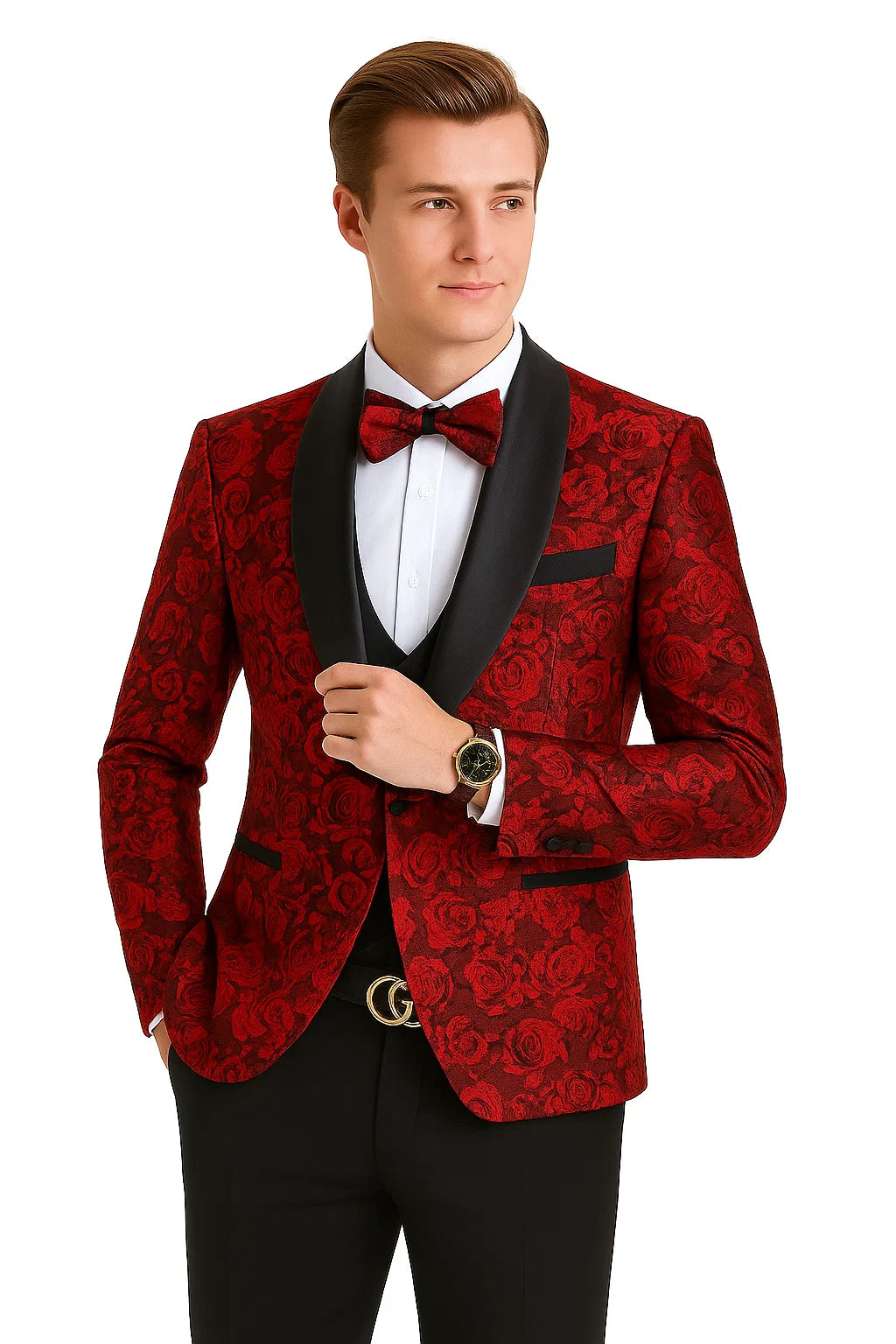 Red/Black  Prom Tuxedo Suit - Red/Black Wedding Suit - Men's One Button Slim Fit Shiny Paisley Floral Vested Prom Tuxedo