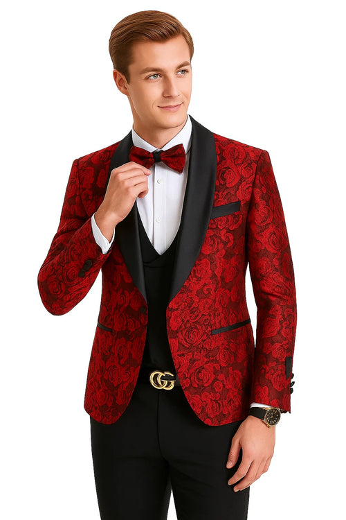 Red/Black  Prom Tuxedo Suit - Red/Black Wedding Suit - Men's One Button Slim Fit Shiny Paisley Floral Vested Prom Tuxedo