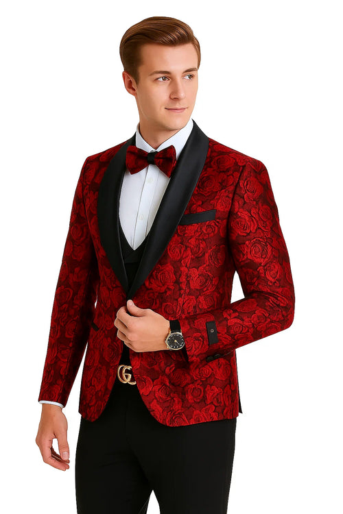 Red/Black  Prom Tuxedo Suit - Red/Black Wedding Suit - Men's One Button Slim Fit Shiny Paisley Floral Vested Prom Tuxedo