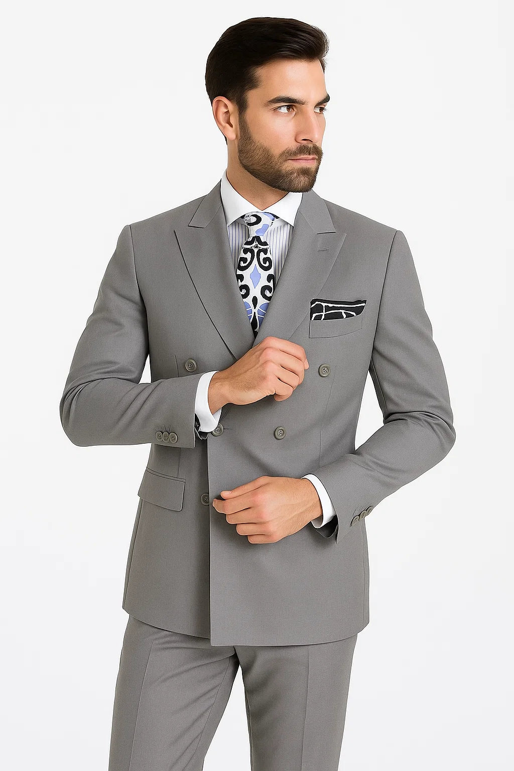 Mens Classic Double Breasted Luxury Wool Light Grey Feel Suit