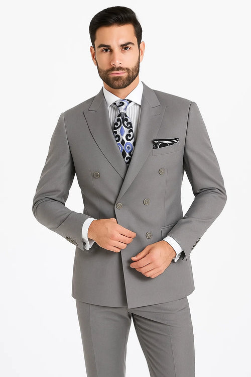 Mens Classic Double Breasted Luxury Wool Light Grey Feel Suit