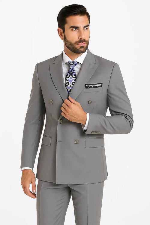 Mens Classic Double Breasted Luxury Wool Light Grey Feel Suit