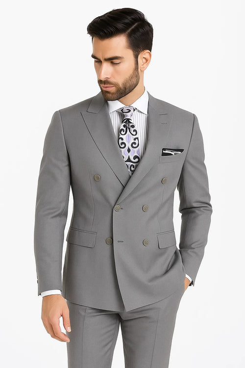 Mens Classic Double Breasted Luxury Wool Light Grey Feel Suit