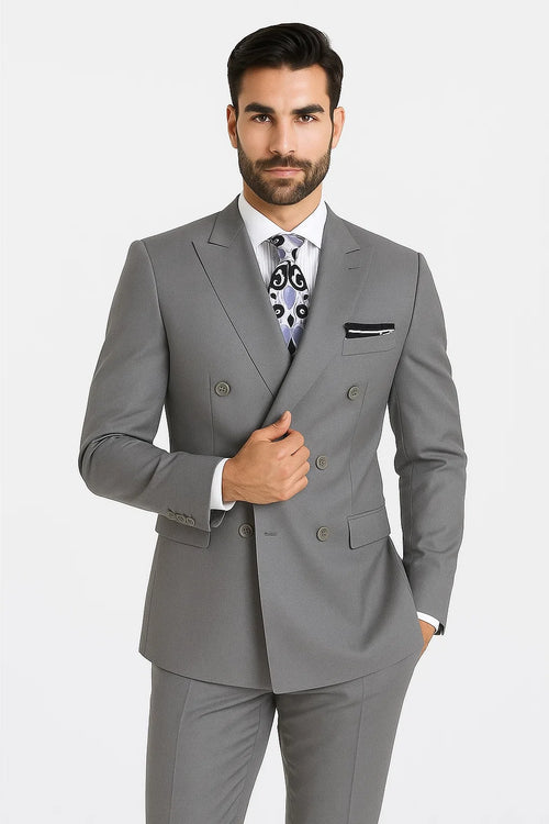 Mens Classic Double Breasted Luxury Wool Light Grey Feel Suit