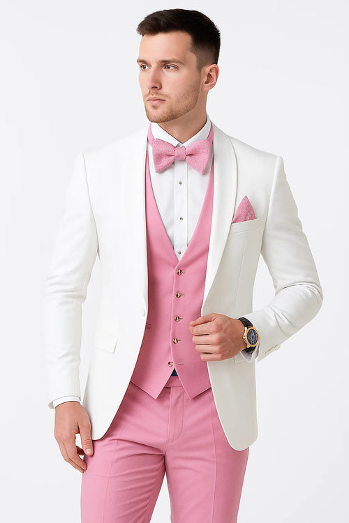 White and Light Pink Tuxedo Wedding Suit - White Dinner Jacket + Vest + Pants + Bow-tie