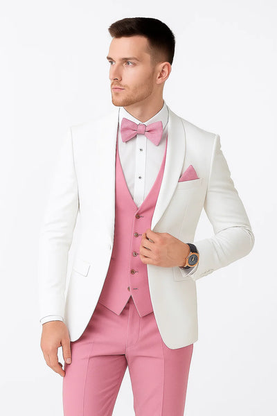 White and Light Pink Tuxedo Wedding Suit - White Dinner Jacket + Vest + Pants + Bow-tie
