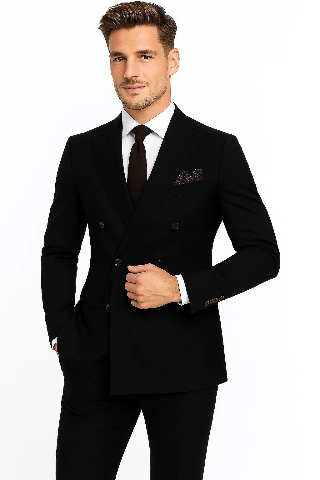 Double Breasted Slim Fit Suit - Dark Gray Suit - Tapred Fit Pants