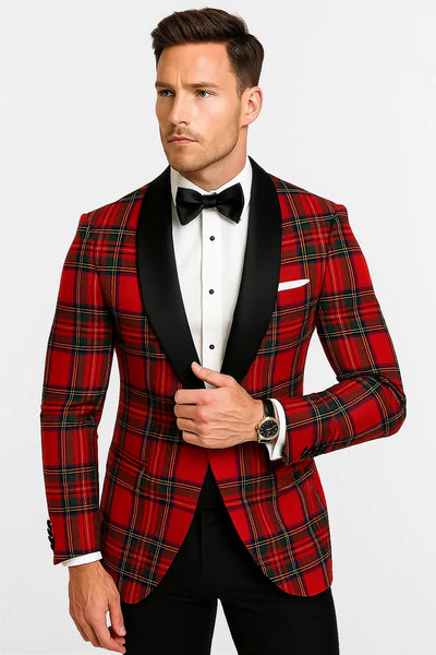Cheap Tuxedos - Affordable Prom Suit - Men's Holiday Christmas Red Tartan Plaid Blazer