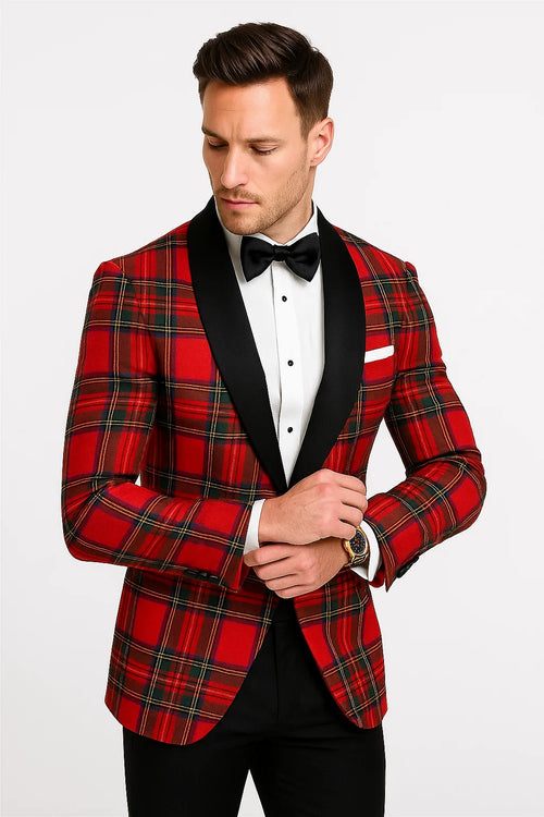 Cheap Tuxedos - Affordable Prom Suit - Men's Holiday Christmas Red Tartan Plaid Blazer