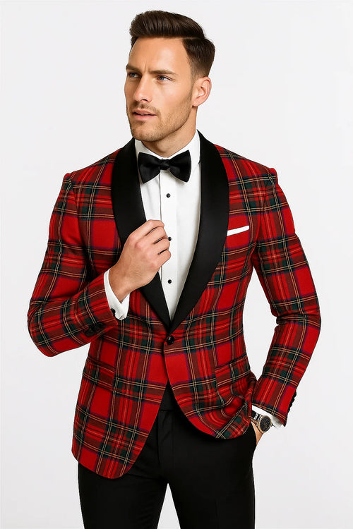 Cheap Tuxedos - Affordable Prom Suit - Men's Holiday Christmas Red Tartan Plaid Blazer