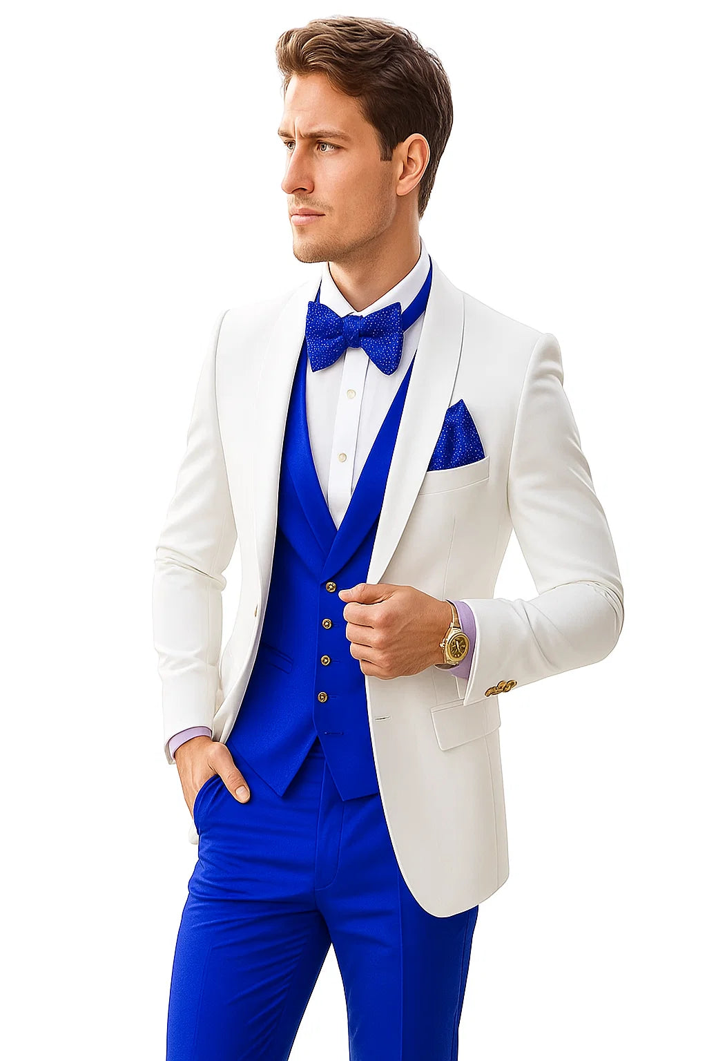 White and Royal Blue Tuxedo Wedding Suit - White Dinner Jacket + Vest + Pants + Bow-tie