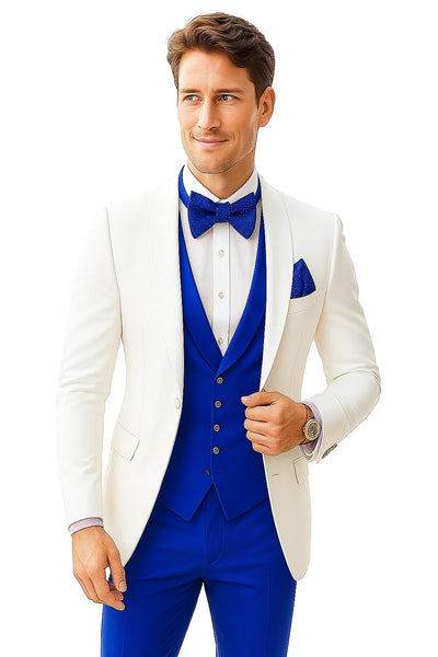 White and Royal Blue Tuxedo Wedding Suit - White Dinner Jacket + Vest + Pants + Bow-tie