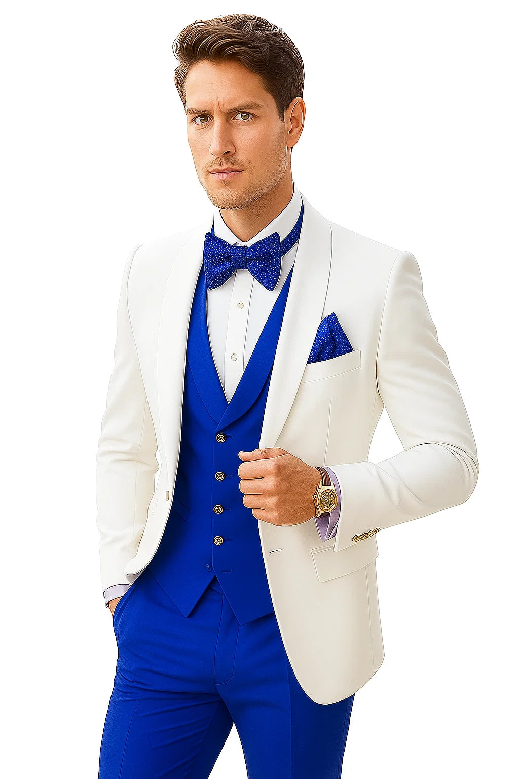 White and Royal Blue Tuxedo Wedding Suit - White Dinner Jacket + Vest + Pants + Bow-tie