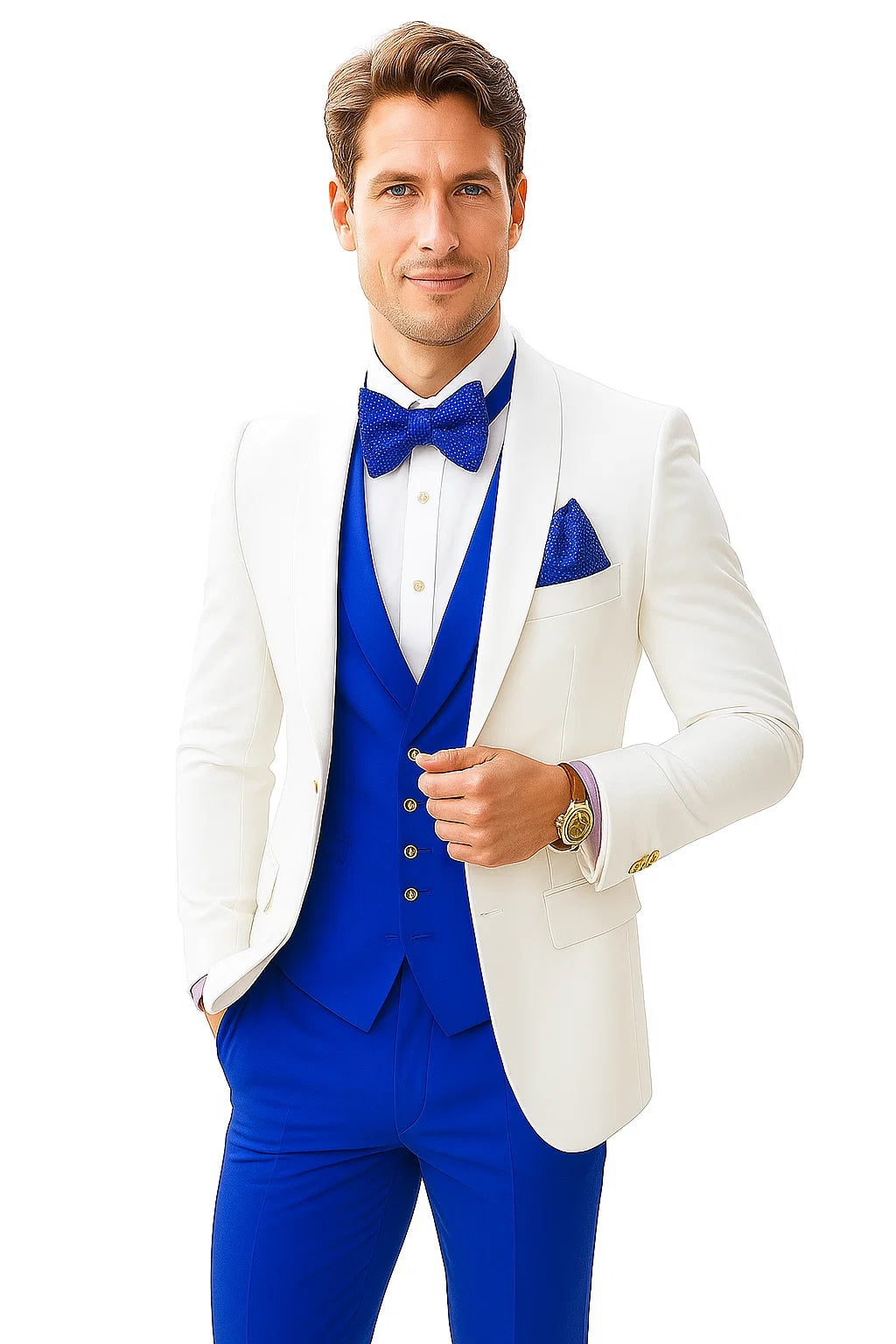 White and Royal Blue Tuxedo Wedding Suit - White Dinner Jacket + Vest + Pants + Bow-tie