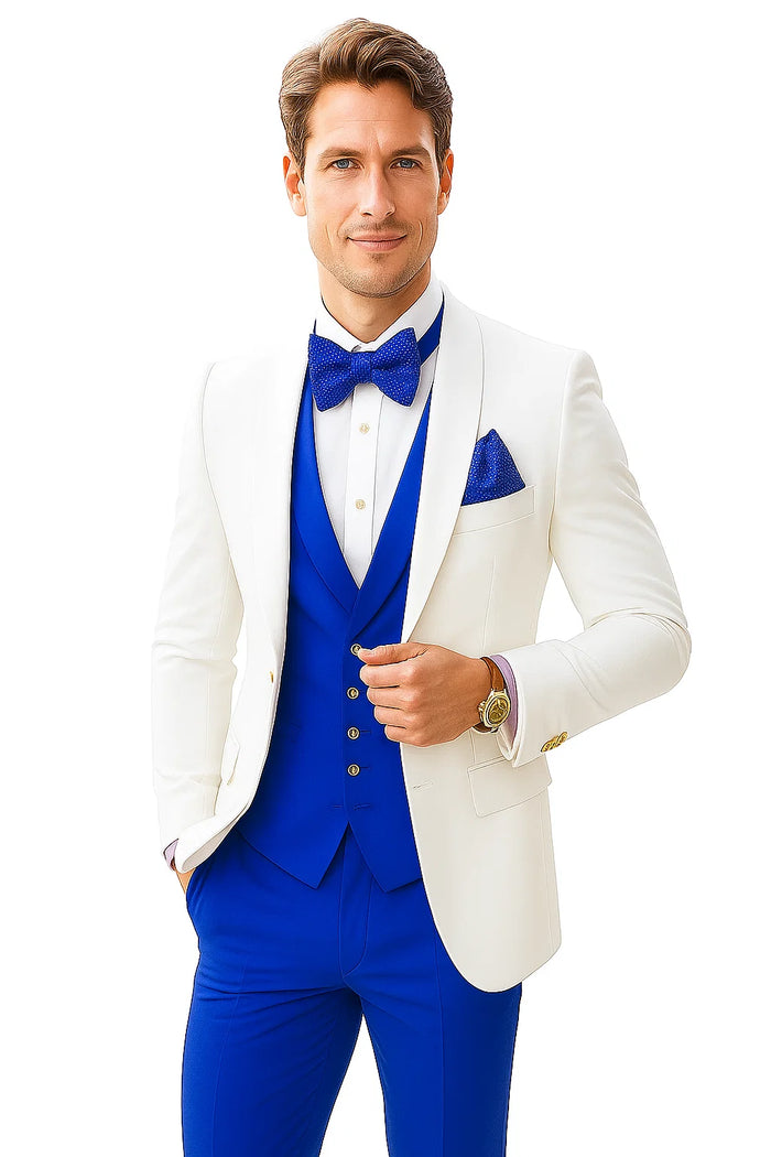 White and Royal Blue Tuxedo Wedding Suit - White Dinner Jacket + Vest + Pants + Bow-tie by USA Men's Outlet